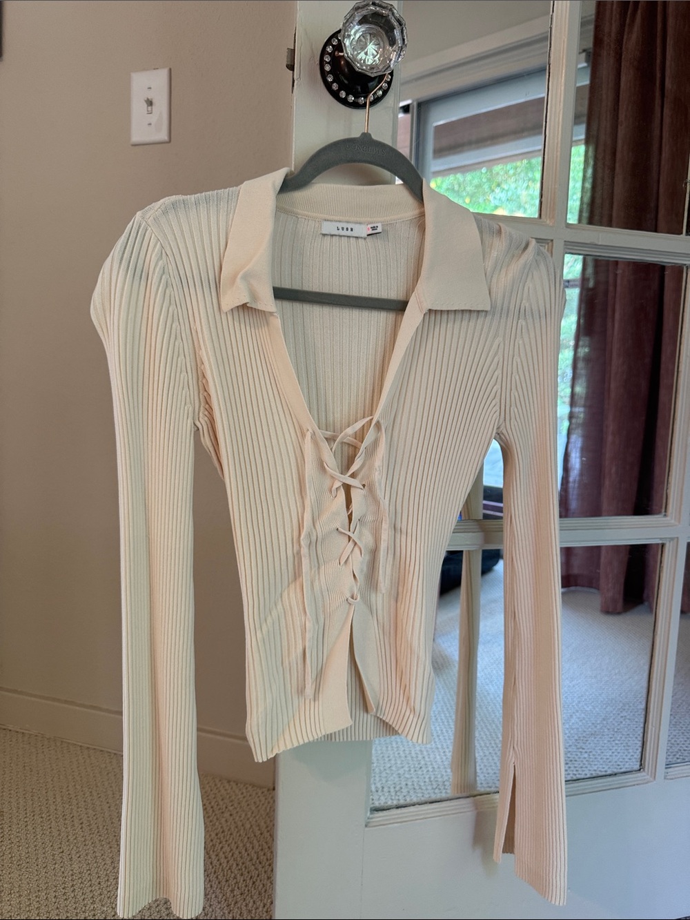 Blush Boutique Cream Ribbed Lace-Up Collared Long Sleeve Top